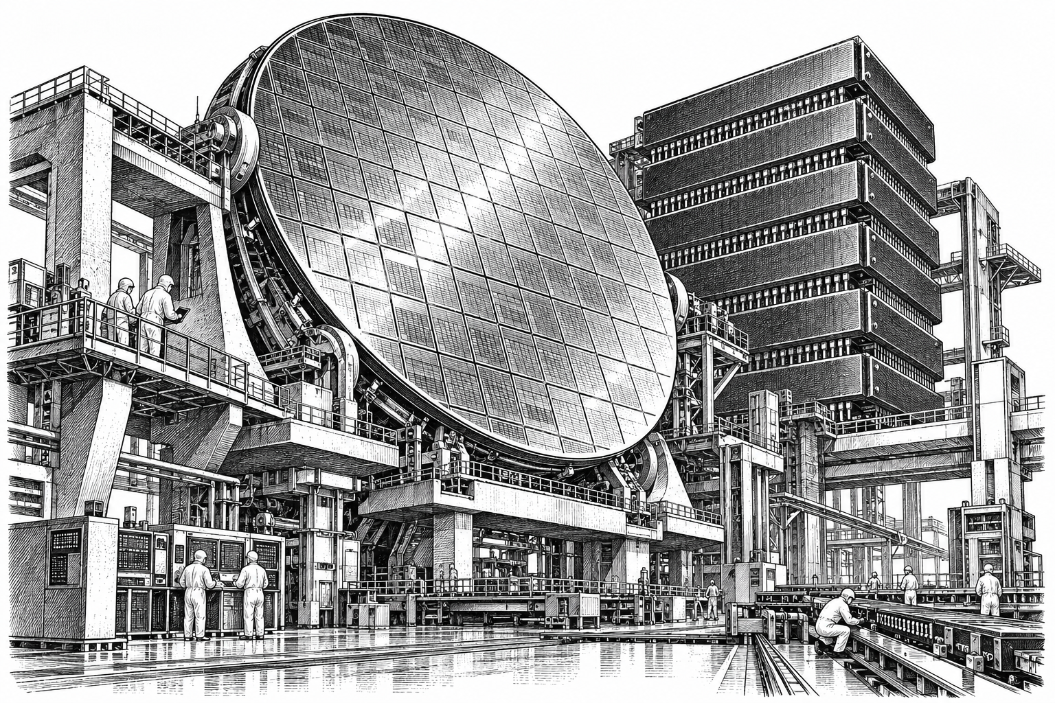 A conceptual ink drawing of a giant silicon wafer and stacked memory chips as factory buildings, inspected by small technicians